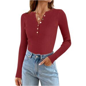 Wine Red Long Sleeve Gold Button Slim Fit Ribbed Top - Large
